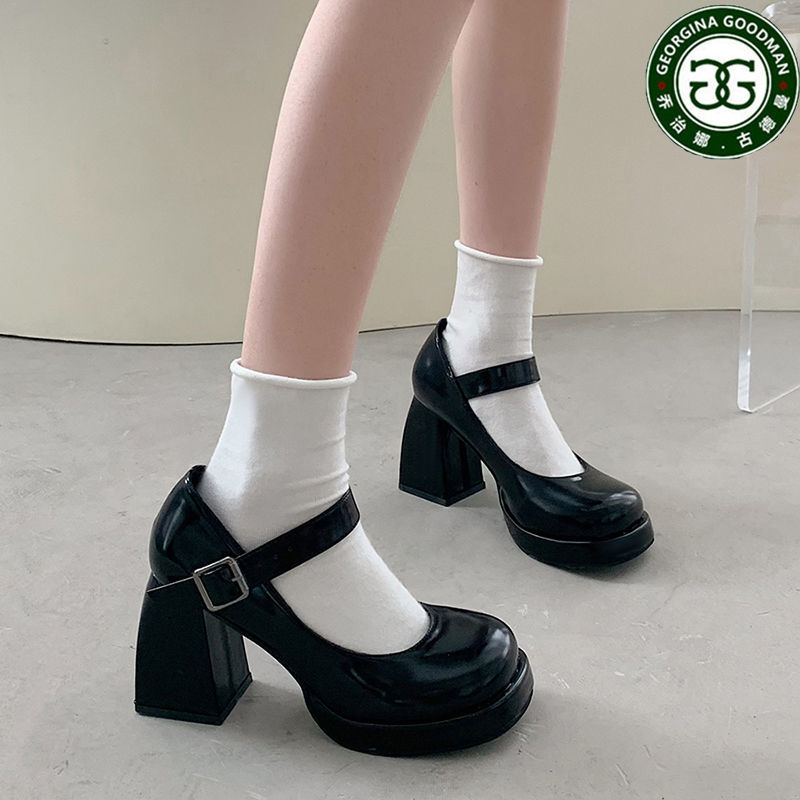 古德曼瑪麗珍女鞋2022法式方頭小眾夏季漆皮粗跟氣質高跟鞋黑色