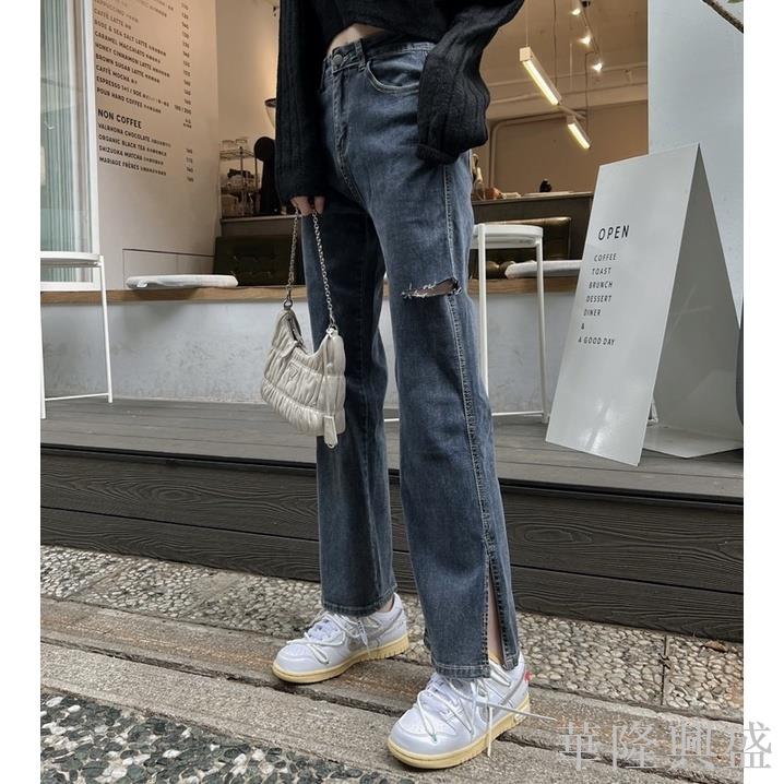 深灰褲腳開衩割破牛仔小寬褲 S-XL 女裝 韓系 褲子 休閒褲 牛仔褲 造型牛仔褲 顯瘦 修飾