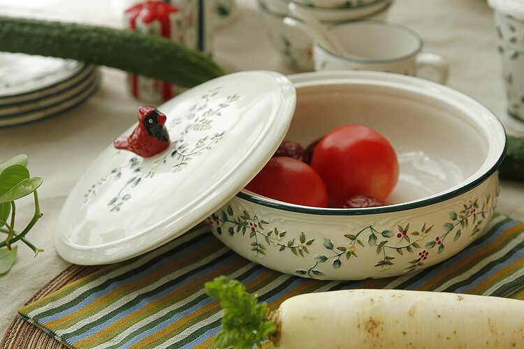(碗美人生)美式鄉村紅雀白雲浮雕手繪陶瓷湯鍋預購七天