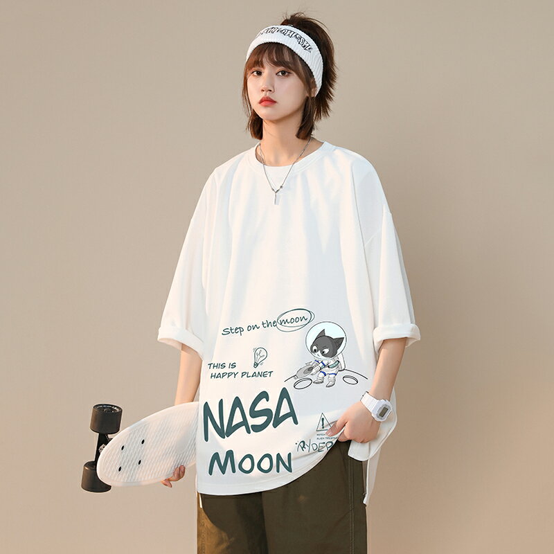 NASA聯名同款短袖t恤女新款oversize男友bf風落肩蝙蝠七分袖