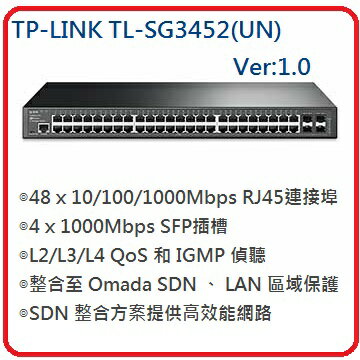 TP-LINK JetStream TL-SG3452(UN) 48 埠 Gigabit L2 管理型交換器(含 4 個 SFP 插槽)