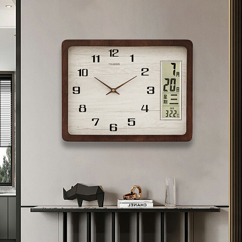 TIMESS鐘表掛鐘電波鐘客廳簡約現代家用時尚木質實木日歷靜音時鐘