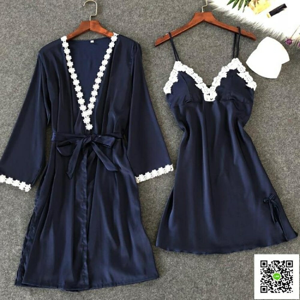 睡裙 性感睡衣女夏冰絲火辣成人情趣騷短袖兩件套睡袍吊帶睡裙秋可外穿 歐歐流行館