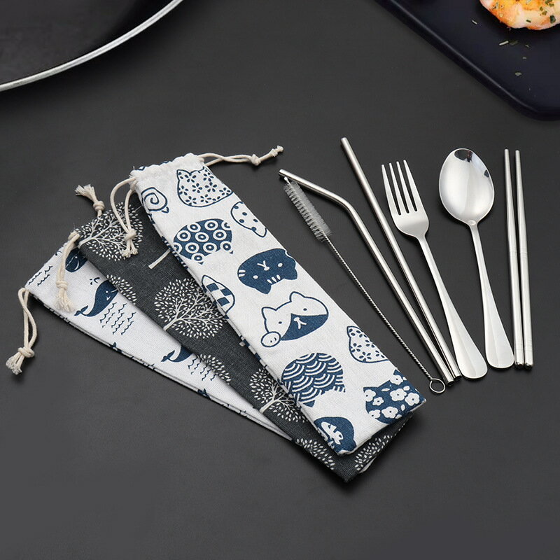 野營 餐具 ● 不銹鋼餐具日式和風便攜 佈袋套裝 戶外 旅行吸管筷子叉勺組合