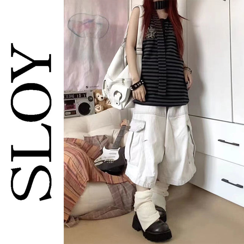 SLOY美式高街白色闊腿工裝短褲女夏季薄款高腰寬松直筒牛仔七分褲—貼心服飾