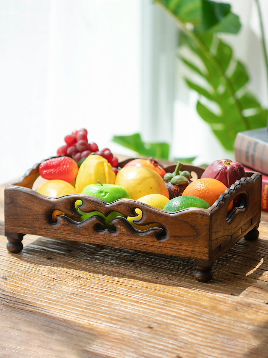 異麗泰國新中式實木果盤家用客廳茶幾復古零食水果盤創意木質托盤