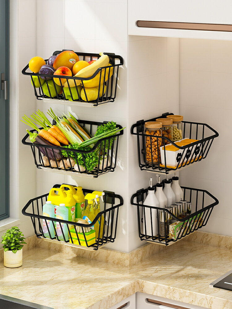 廚房菜籃子置物架免打孔壁掛蔬菜收納架果蔬籃架子水果瀝水收納筐