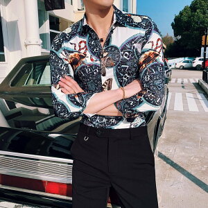 FINDSENSE 品牌 2019 春季 新款 字母 印花 修身 個性 社會 男青年 長袖 免燙 襯衫