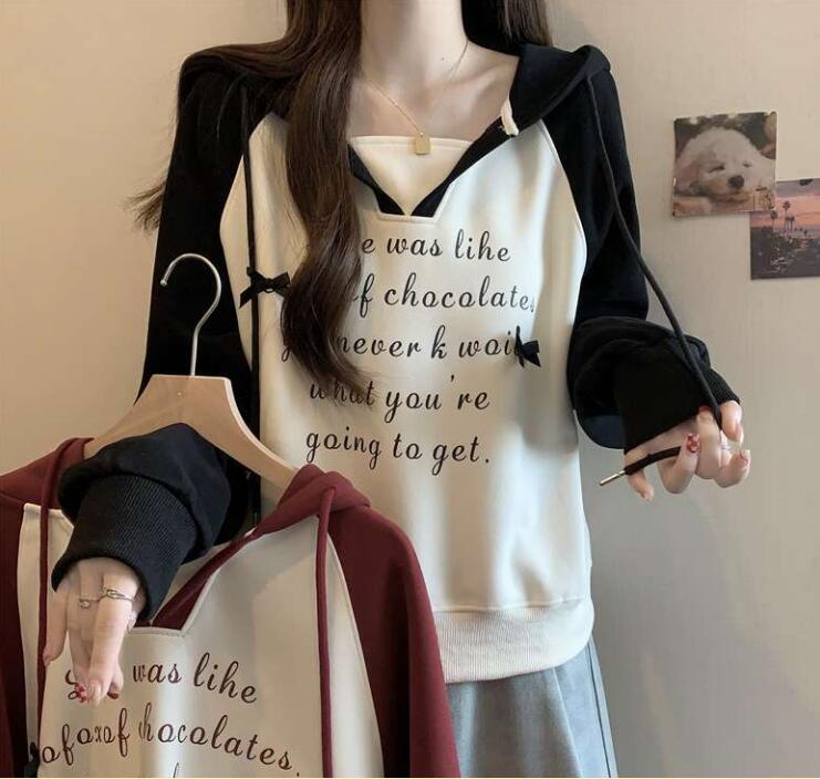 大學T插肩袖連帽正肩衛衣女春秋新款寬松上衣外套【步行者戶外生活館】