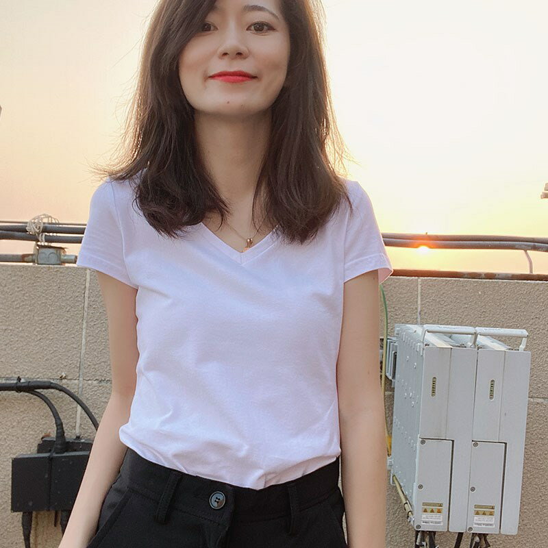 白色t恤女短袖年新款修身純棉上衣春夏季顯瘦V領圓緊身打底衫 1