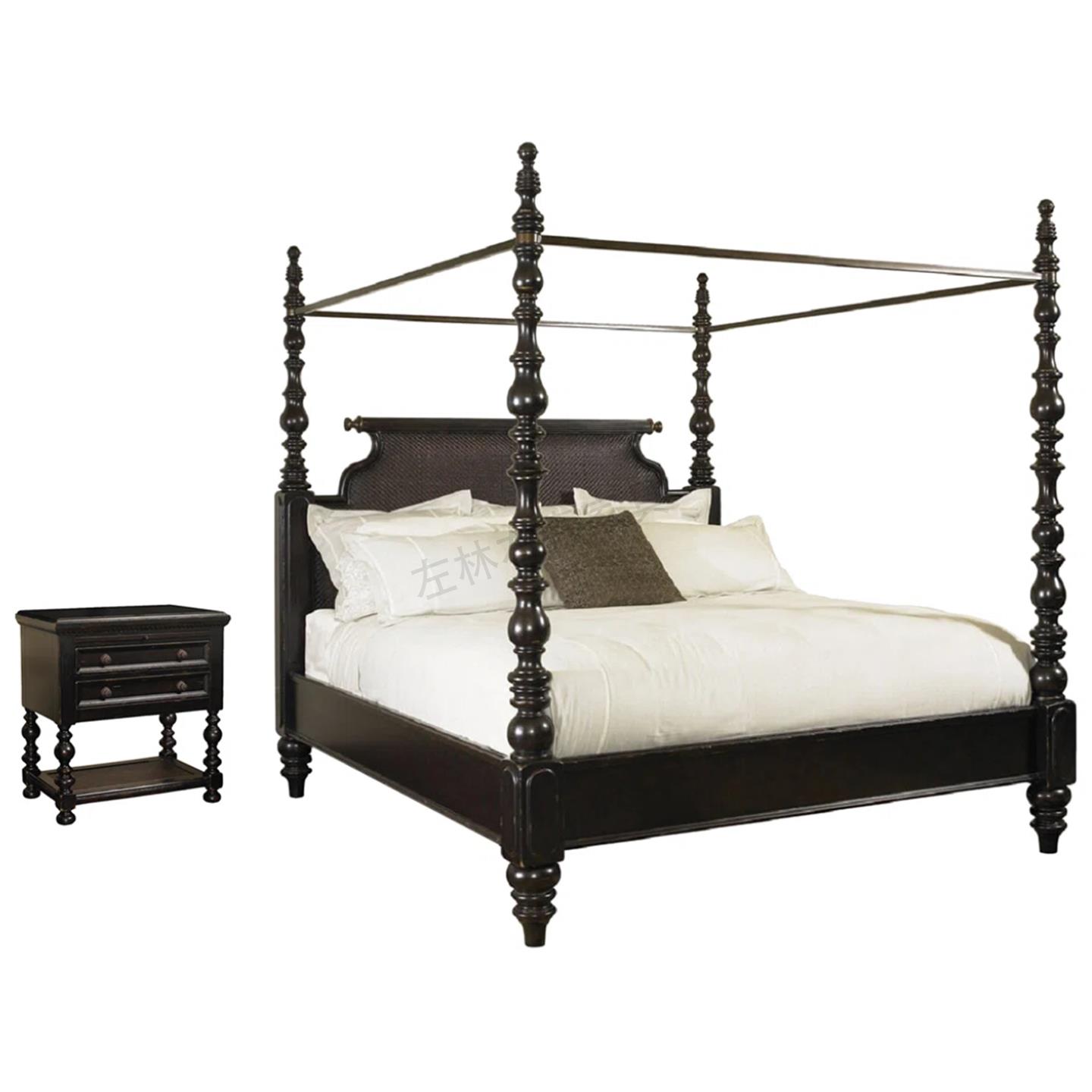 【可打統編 超低價】美式覆古實木床主臥蚊帳架羅馬四柱床中古風法式1.8米高級感雕花 1
