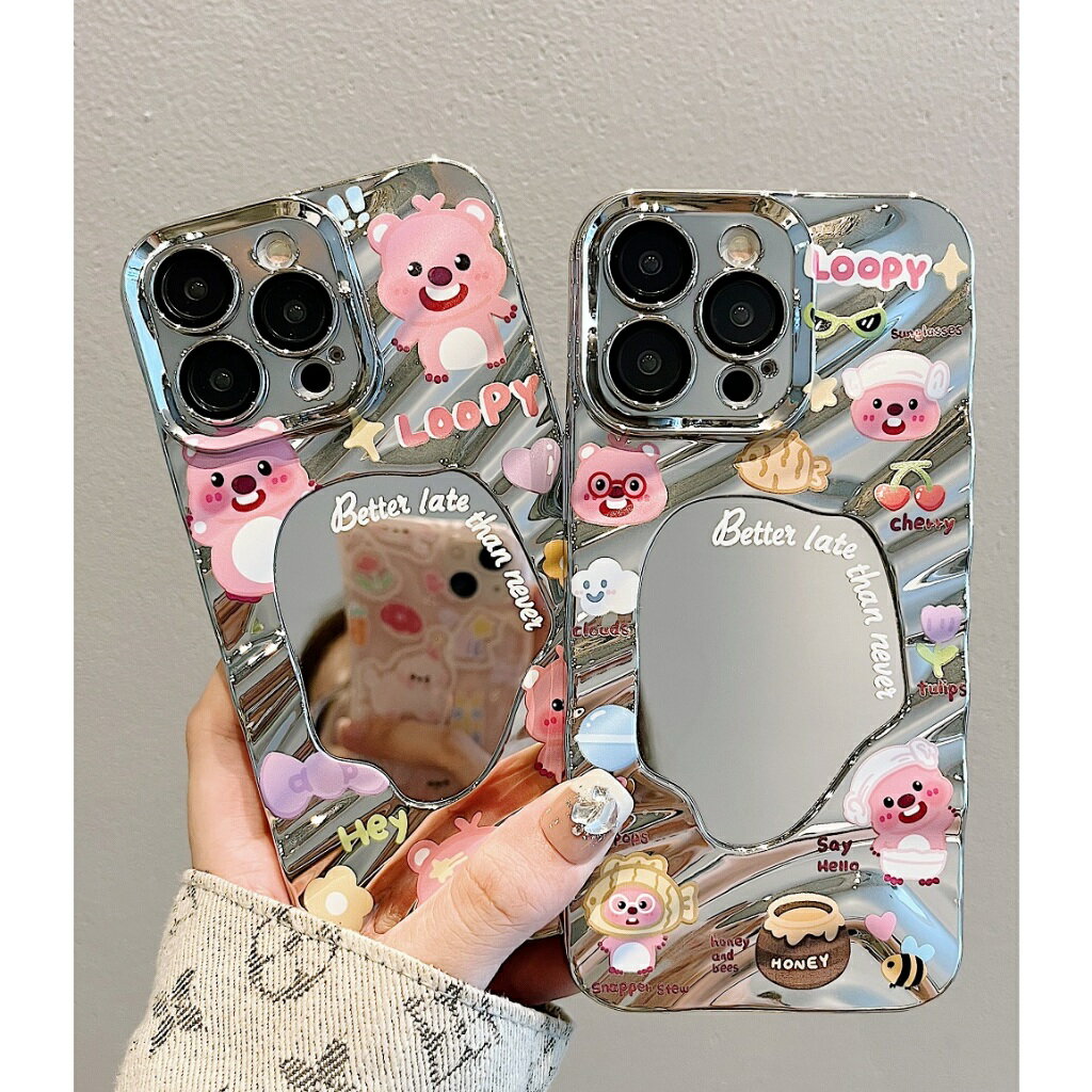 FuNFang iPhone15 Pro Max Plus 可愛小海狸電鍍銀波紋鏡子全包防摔 手機保護殼 i15 i14