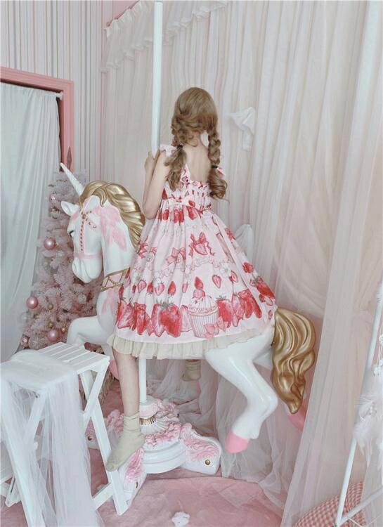 洛麗塔洋裝-原創設計洛麗塔lolita 草莓點心jsk奶油蝴蝶結可愛蕾絲吊帶洋裝- -雙十二聖誕交換禮物 全館八五折 交換好物