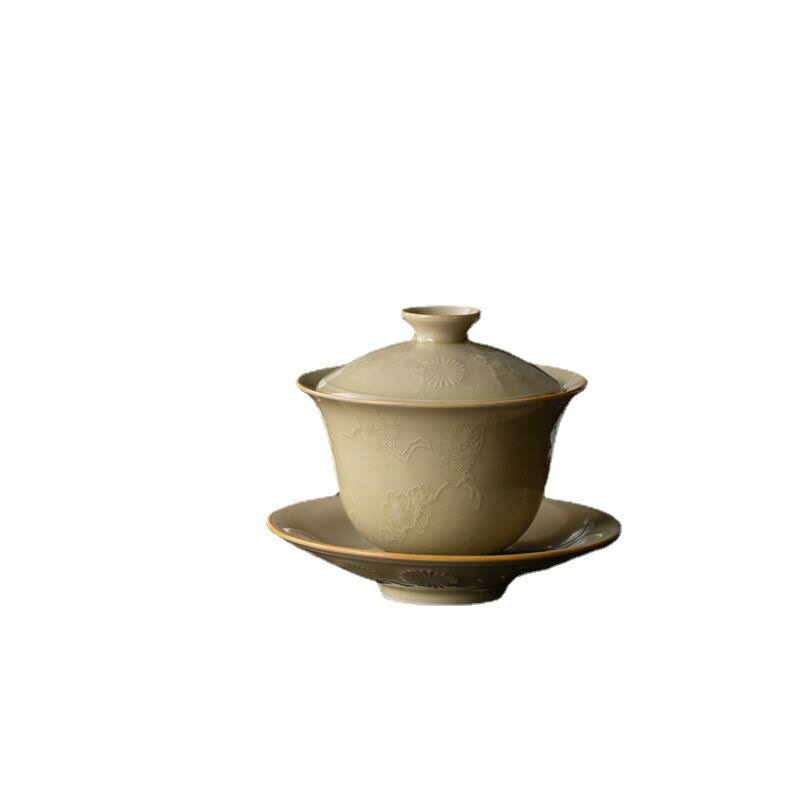 免運 茶具系列 定窯黃君子蓋碗 功夫茶具三才蓋碗 泡茶碗沏茶碗陶瓷 薄胎不燙手 4