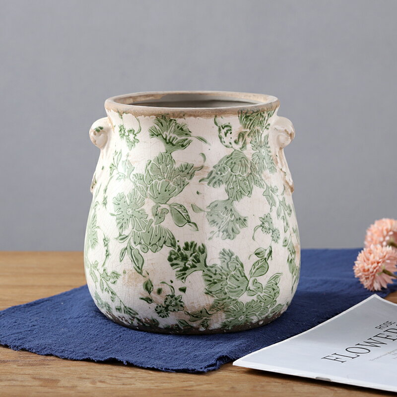 孤品陶瓷綠色花朵外貿出口北歐現代簡約園藝插花擺件花藝花盆花瓶