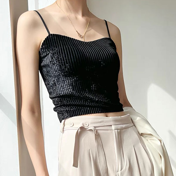 ANNAS 韓國高級感 帶胸墊金絲絨背心 細肩帶小可愛 絨布 金屬感 閃亮 性感 胸墊 罩杯 爆乳 2