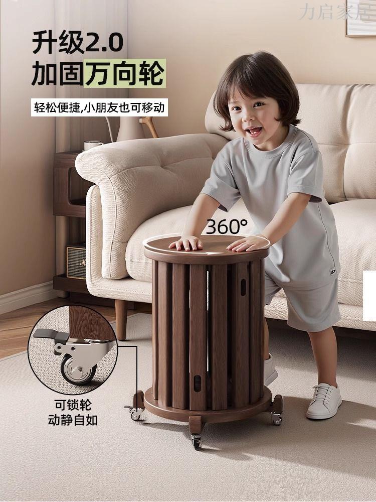 實木可疊放茶幾組合凳子疊疊樂圓凳餐桌待客備用凳帶滑輪折疊茶幾