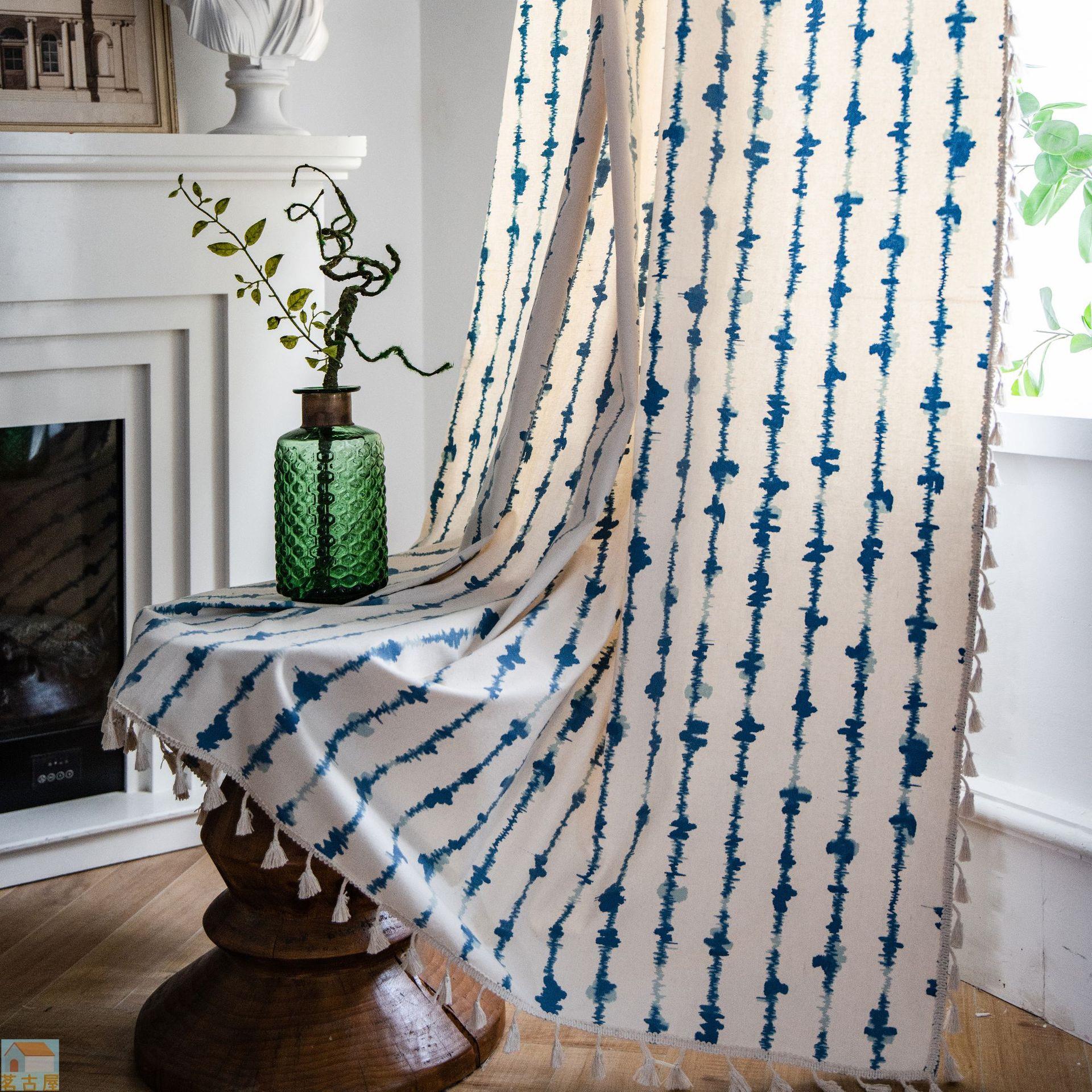 窗簾藍色豎條條紋幾何印花廚房簾窗簾成品飄窗半遮光