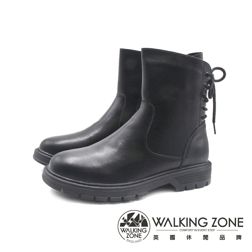 WALKING ZONE(女)翻玩設計圓頭後綁帶平底靴 女靴-黑