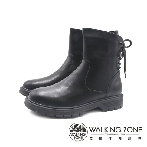 WALKING ZONE(女)翻玩設計圓頭後綁帶平底靴 女靴-黑 0