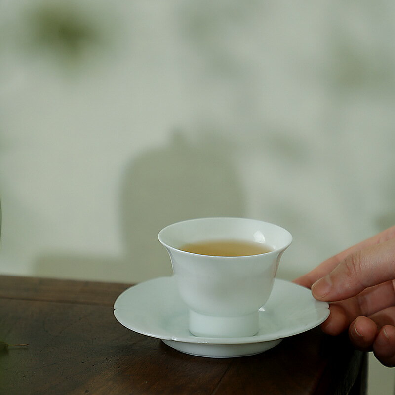 意叄湖田窯影青瓷仿宋蓮花簡約客廳辦公茶具茶杯杯墊套組陶瓷瓷杯
