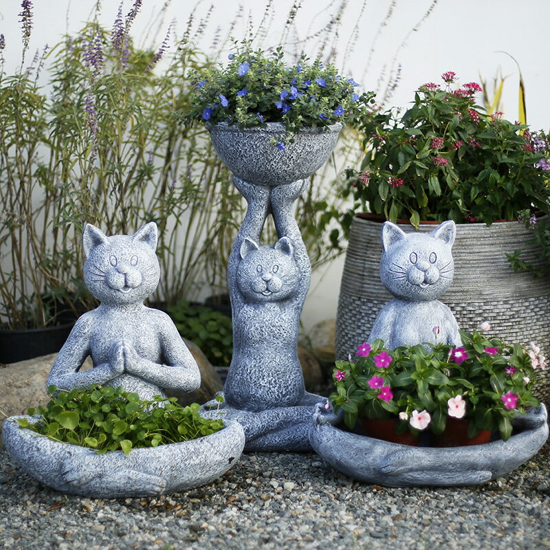 別墅花園創意裝飾可愛瑜伽貓禪意動物花盆戶外庭院景觀落地擺件