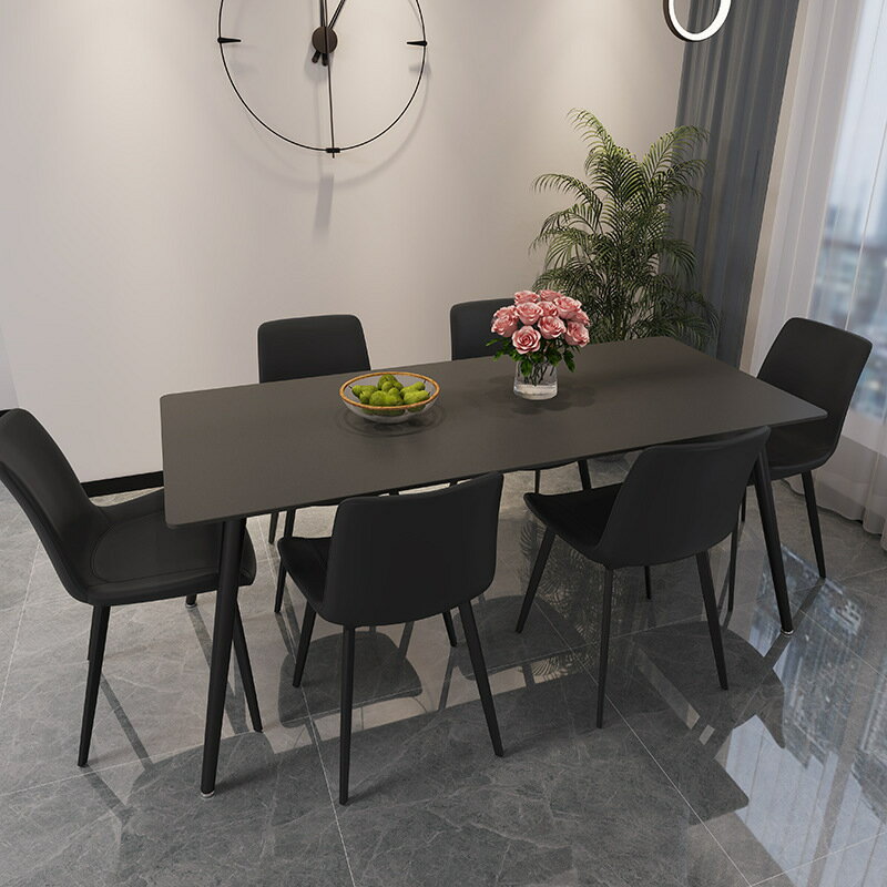 【免運】美雅閣| 意式純黑巖板餐桌現代簡約大小戶型家用飯桌黑椅6人長方形餐桌椅