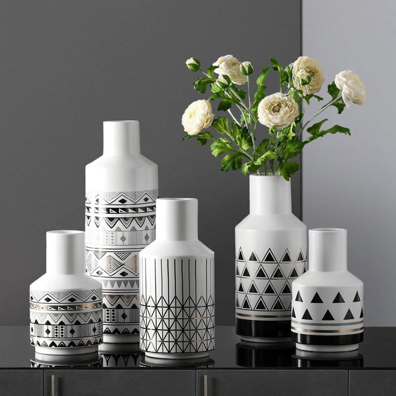 北歐格幾何圖案陶瓷花瓶擺件客廳餐桌樣闆房裝飾花器家居軟裝