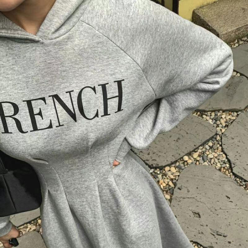 ANNAS 正韓字母連帽刷毛洋裝 腰身 縮腰 打折 長袖 長裙 長洋裝 連身裙 顯瘦 棉質 保暖 刷絨 韓國 1