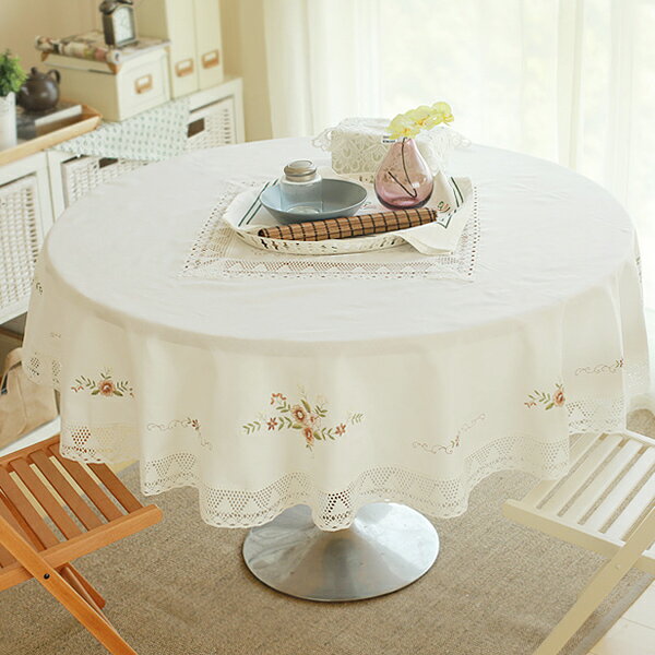 唯米 5154棉紗繡花餐桌布布藝圓形桌布臺布茶幾巾桌墊多用蓋巾