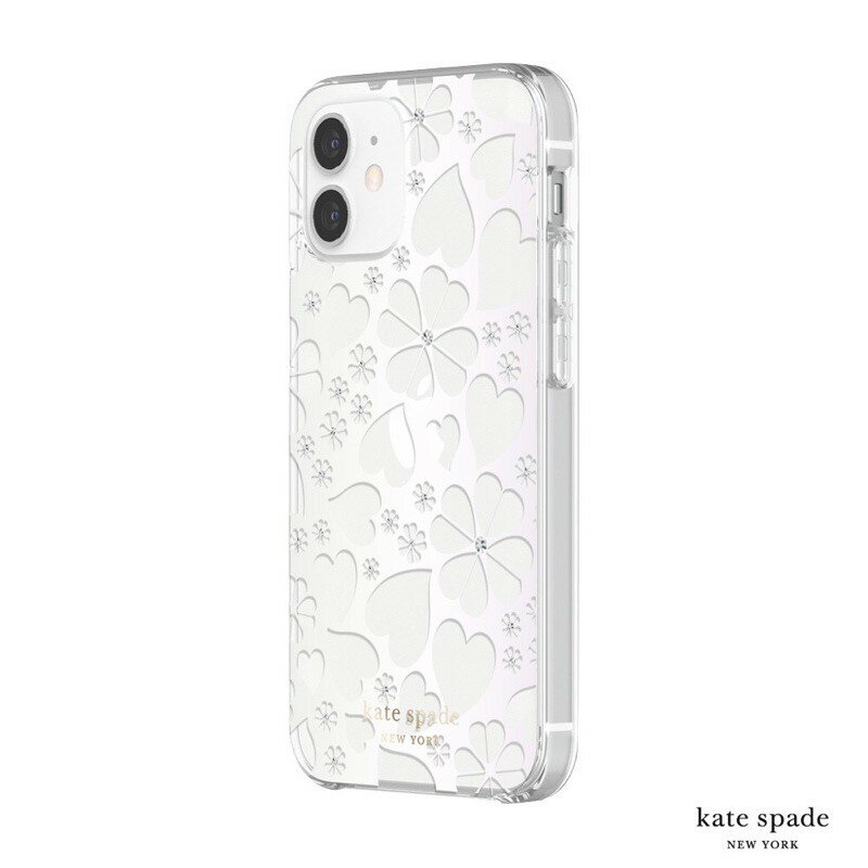 強強滾p-Kate Spade iPhone 12mini5.4吋Clover Hearts愛心/幸運草+白色鑲鑽透明殼