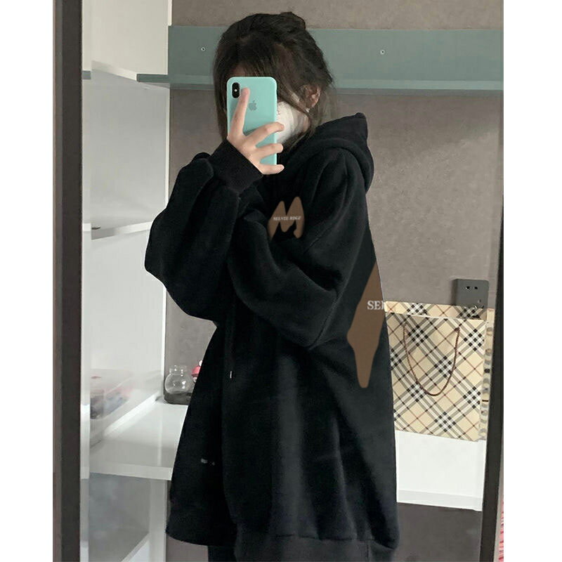 【預購商品】黑色加絨連帽衛衣女春秋冬2022新款美式慵懶風加厚外套小個子上衣