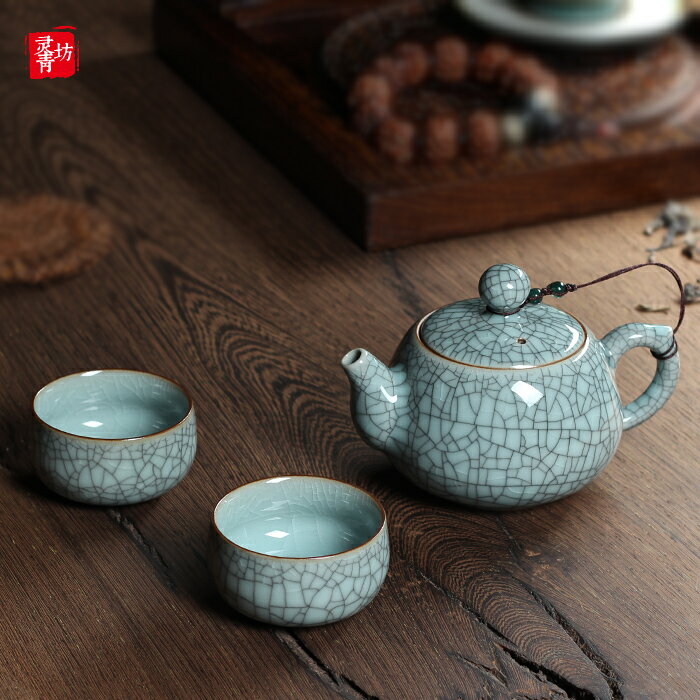 陶瓷功夫茶具一壺兩杯套裝龍泉青瓷哥窯開片手工過濾茶壺茶杯整套1入