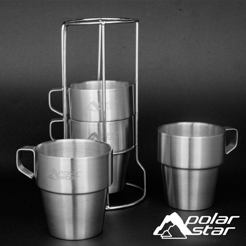 PolarStar 304不鏽鋼雙層斷熱杯300ml ( 4入) 附收納架 P16793 咖啡杯│茶杯│保溫杯│水杯
