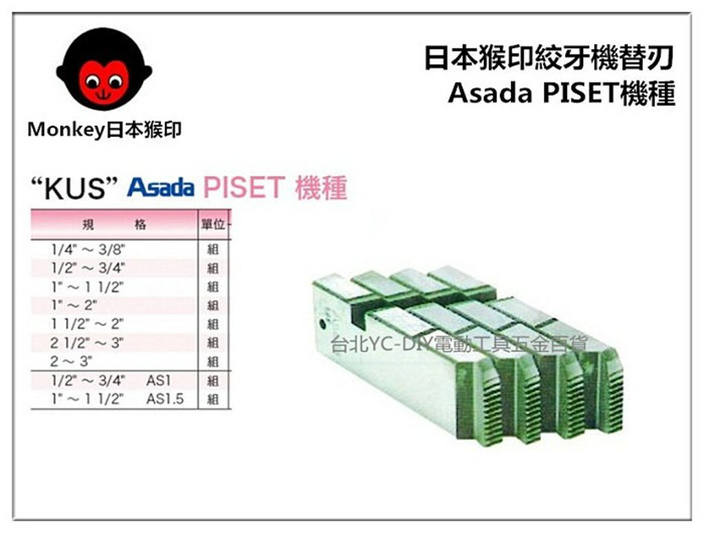 【臺北益昌】MONKEY 日本猴印 Asada PISET 機種 (白鐵管用) 電動絞牙機用牙板 替刃
