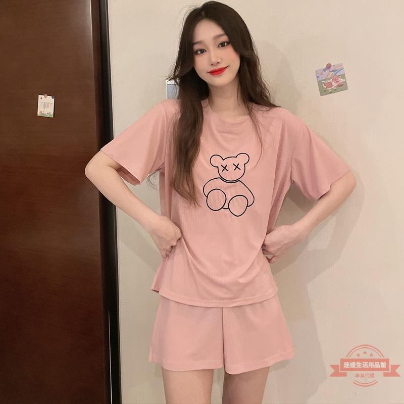 夏季睡衣女冰絲坑條圓領可愛卡通甜美清涼休閑純色夏天家居服套裝