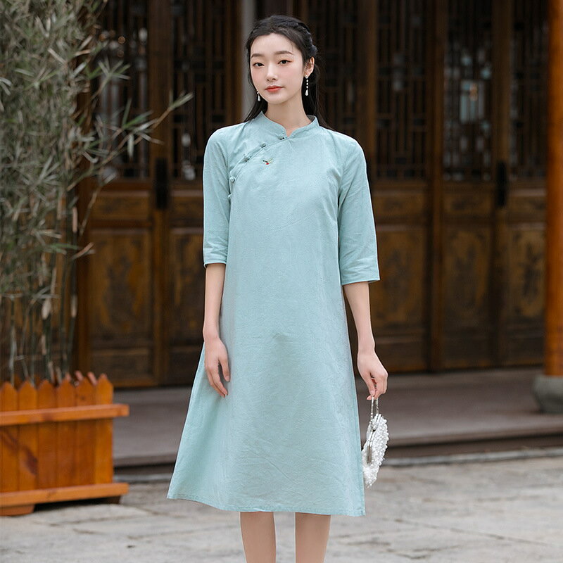 中國風復古繡花連衣裙女2022春夏新款禪意茶服文藝全棉改良版旗袍