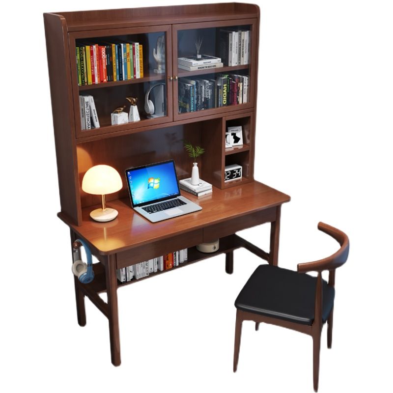 實木書桌書架一體筆記本電腦桌書柜組合簡約現代辦公桌家用寫字桌