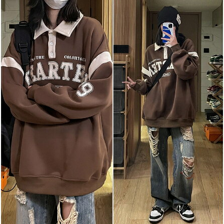 【臺灣出貨】長袖上衣 衛衣 大學t 衣服女 oversize 大學t 潮流衣服 秋冬上衣 ins 風衣服 polo領