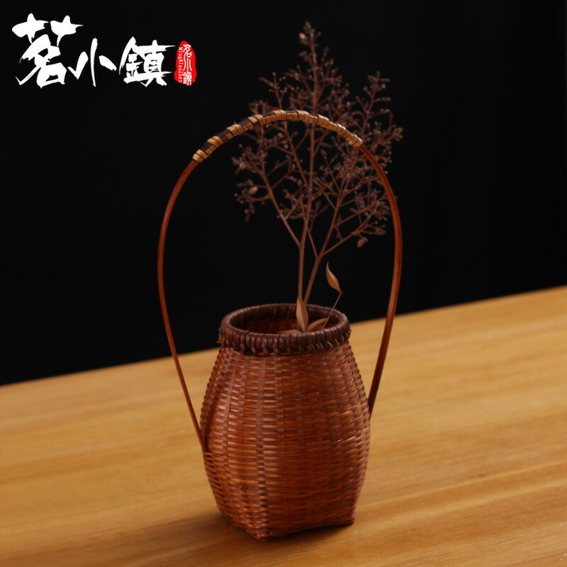 松澤一義 竹編花龍 花入 題「萌」溜塗 花器 竹彩堂 手工花籃中式竹籃竹編花器復古日式花道茶樓茶社裝飾中華花藝擺件| 協貿
