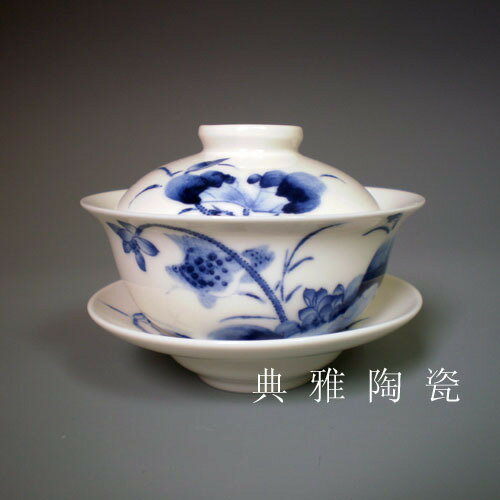 景德鎮陶瓷茶杯 青花瓷荷花蓋碗茶杯 瓷器小茶碗 骨瓷工夫茶杯1入