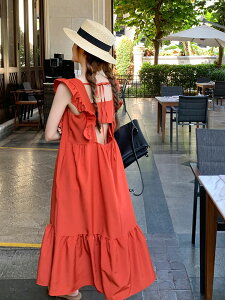 露背小飛袖荷葉邊紅色連身裙女夏季復古方領顯瘦長裙