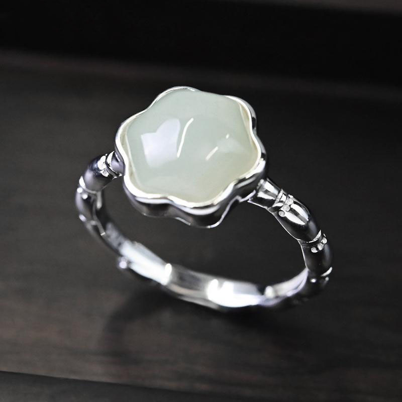 【墜享】S925純銀天然和田白玉花朵戒指女復古氣質開口戒指飾銀品