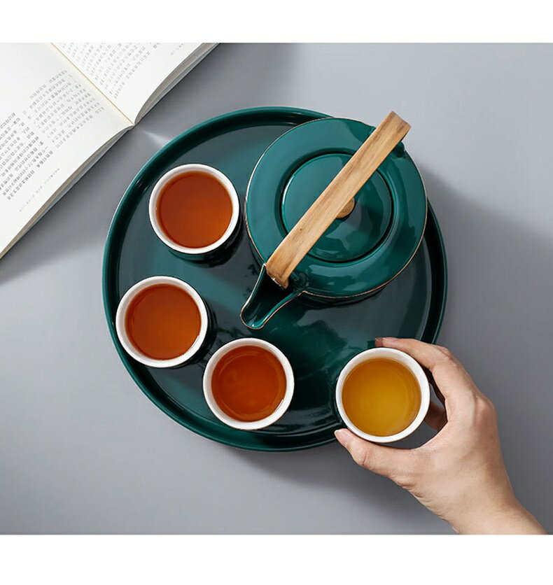 墨綠色茶杯水壺套裝陶瓷茶具帶托盤茶壺水具家用簡約高檔待客送禮 9