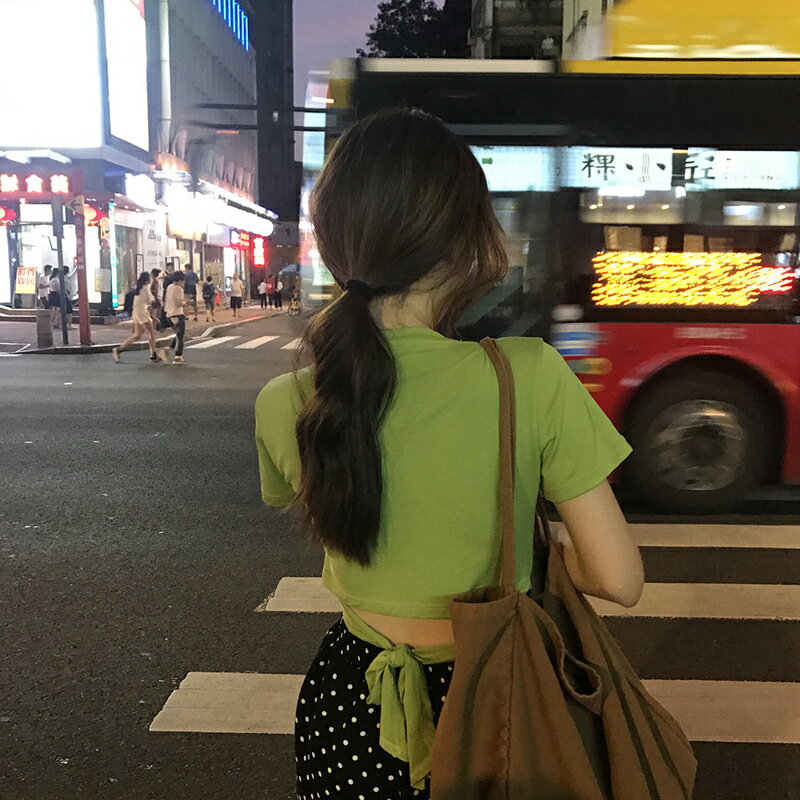 網紅抹茶綠chic套裝女新款兩件套港味韓版牛油果短款短袖上衣