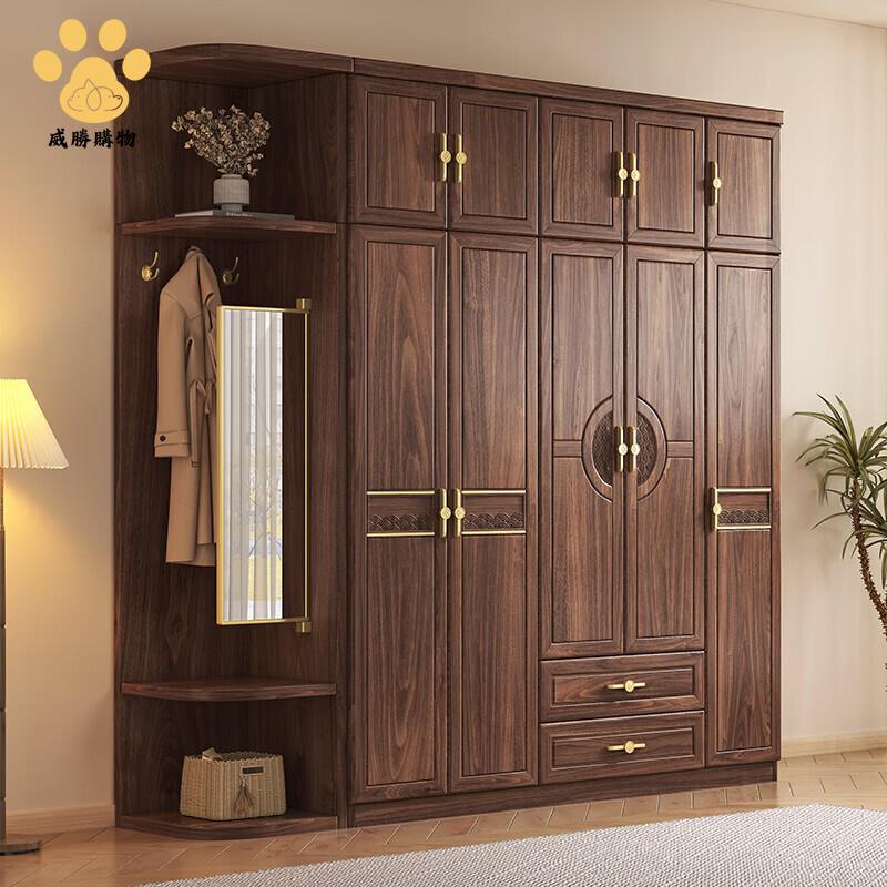 免運 可開發票!輕奢黑胡桃木 實木 衣櫃 梳妝臺 一體簡約現代臥室收納家用衣櫥大衣櫥WW927
