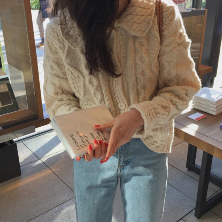秋季韓國chic百搭顯瘦開衫外套上衣女網紅寬松長袖針織衫1入