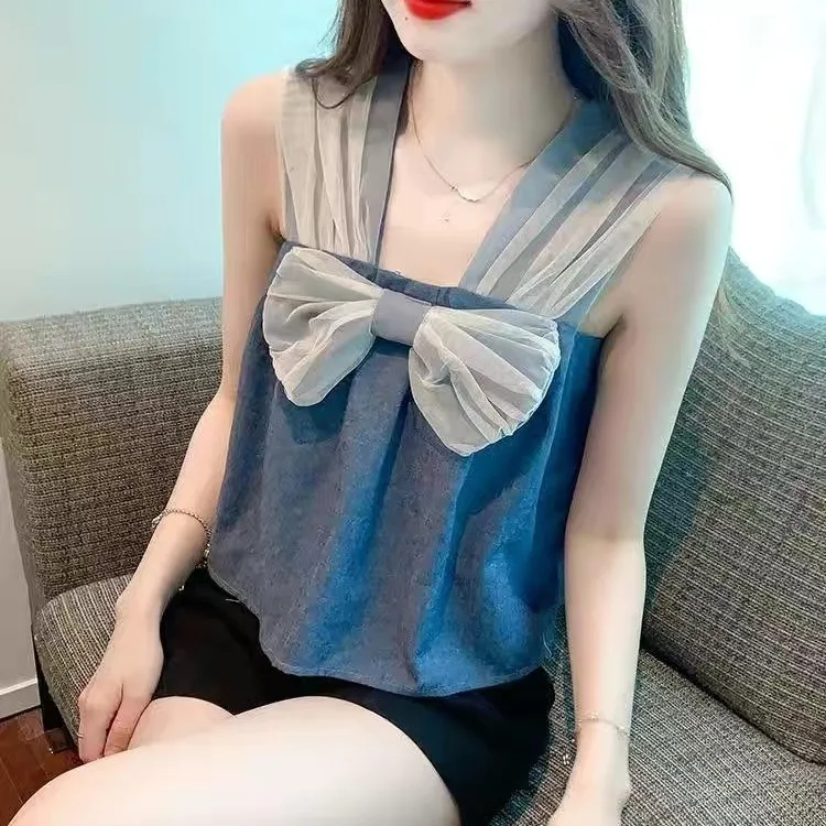 女士背心 無袖牛仔背心 女外穿設計感小吊帶 蕾絲拼接蝴蝶結背心 減齡短款吊帶上衣 女生背心【不二雜貨】