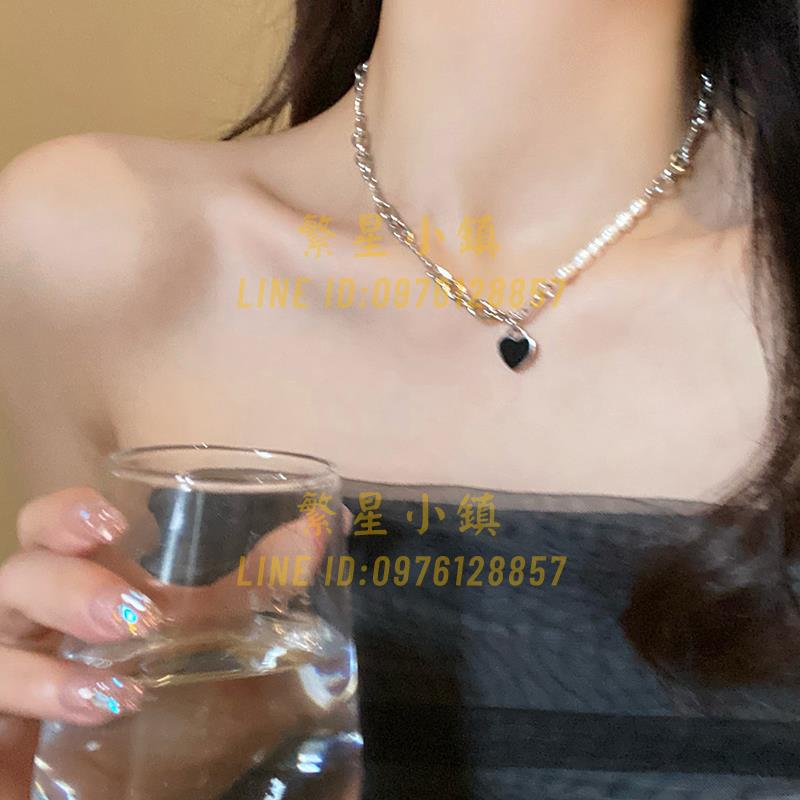 巴洛克珍珠黑色愛心項鏈女潮配飾輕奢小眾甜酷鎖骨鏈【繁星小鎮】