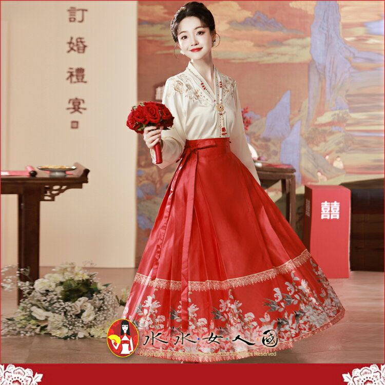 復古國潮馬面裙 提花繫帶壓褶改良式時尚修身百搭長裙。優雅中國風美穿在身～紅飛燕。水水女人國